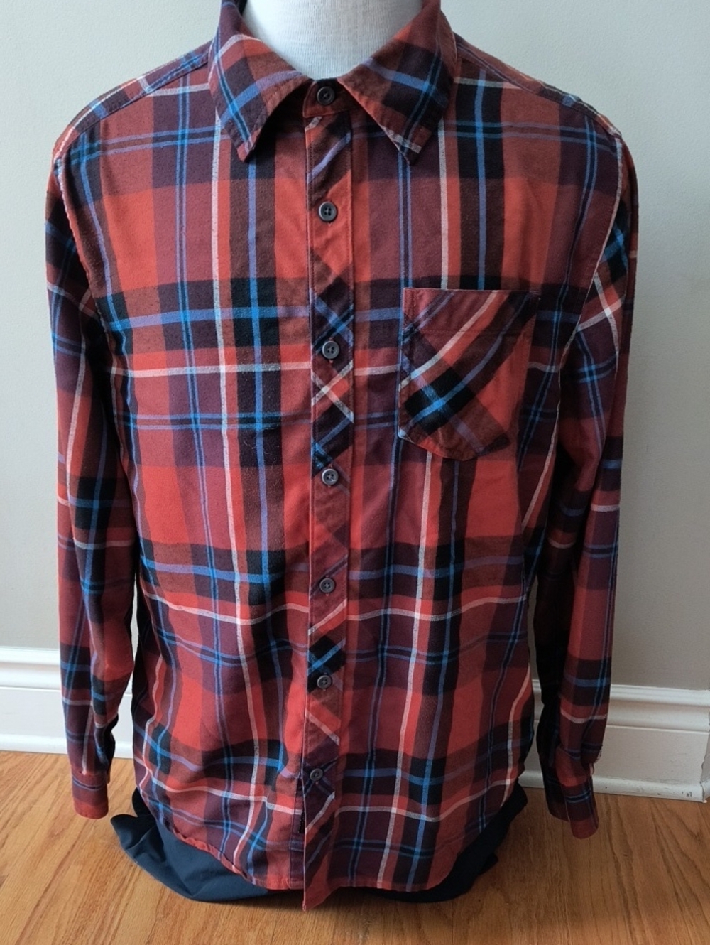 Men's Marmot Orange And Sky Blue Plaid Button-Up Shirt - Classic Casual - Large